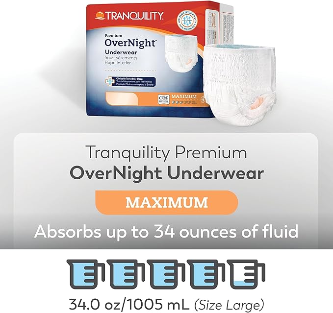 Tranquility Premium OverNight Disposable Absorbent Underwear (88 Count) - XS, 17-28 in. Waist - Maximum Absorbency, All-Night Sleep, Breathable Comfort, 88 Adult Diapers