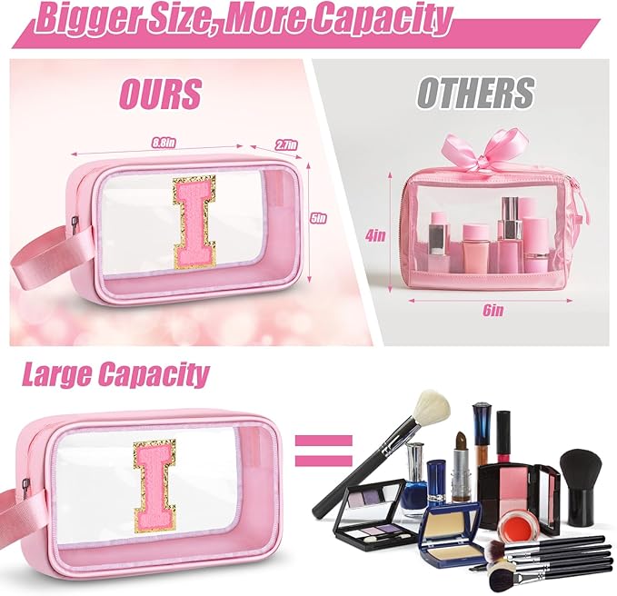 Initial Makeup Bag,Letter I Cute Clear Monogrammed Cosmetic Travel Bag for Womens Girls,Personalized Pink Aesthetic Traveling Make Up Organizer Bag for Beach,Waterproof Toiletry Bag