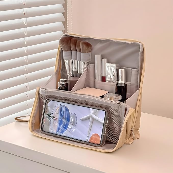 Makeup Bag,Standing Makeup Bag – Portable,Large Capacity Multi-purpose Large Capacity Oxford Cloth Standing Makeupbag Portable, Aterproof,Compartments and Handle (Grey)