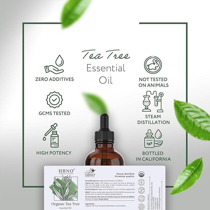 HBNO California Bottled Organic Tea Tree Oil for Skin & Hair - 4 fl oz (120ml) - USDA Certified Organic Tea Tree Oil for Aromatherapy
