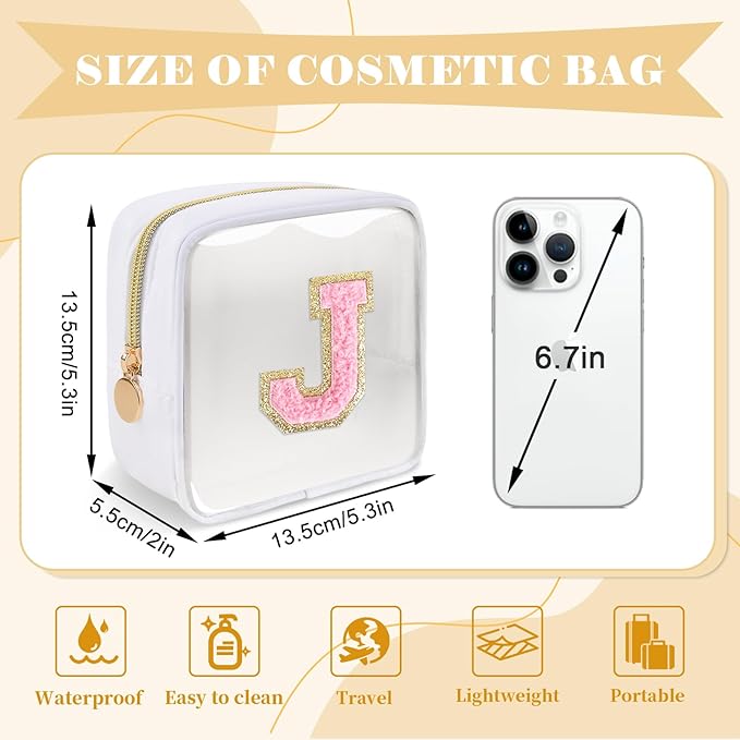 Personalized Initial Letter Clear Preppy Makeup Bag,Mini Nylon Chenille Letter Cosmetic Bag Cute Zipper Pouch Purse for Teen Girls,Portable TSA Approved Beach Travel Essentials Bag Gift for Women,J