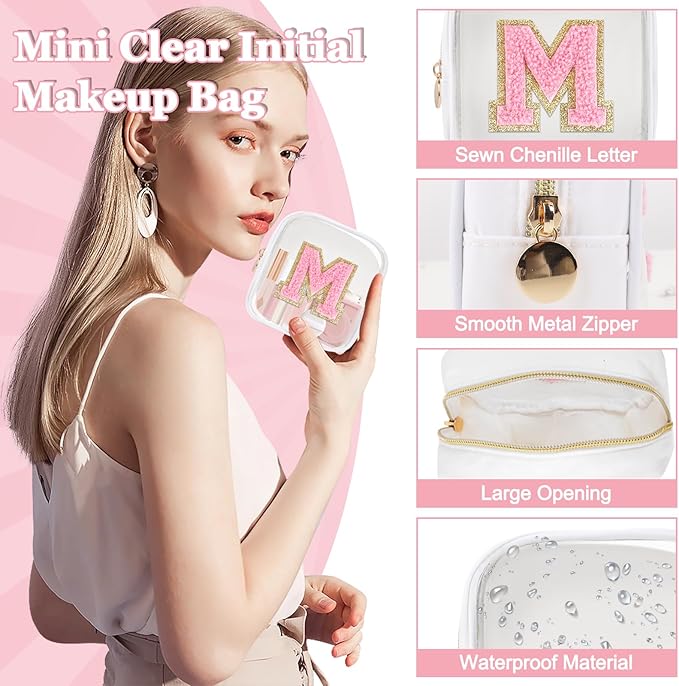 Mini Clear Personalized Initial Makeup Bag,Nylon Preppy A-Z Chenille Letter Patch Zipper Cosmetic Bag, Small Cute Beach Pouch Travel Purse Sanitary Napkin Storage Bag for Women Girls(White-Pink M)