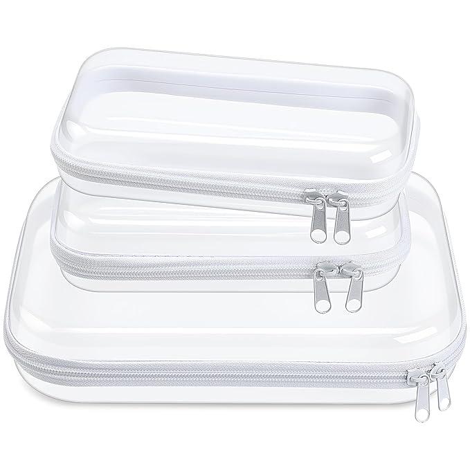 Hoolerry 3 Pcs Clear Hard Zipper Case Plastic Pouch Transparent Hard Case Clear Makeup Bag Portable Travel Organizer Bin for Cosmetics, Building Blocks, Puzzles(White,Mss)