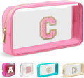 Small Clear Personalized Initial Makeup Bag,Nylon Preppy A-Z Chenille Letter Patch Cosmetic Pouch Beach Toiletry Bag,Waterproof Zipper Travel Purse Storage Bag Organizer for Women Girls(Pink-Pink C)