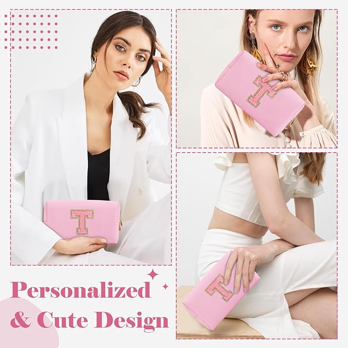 Personalized Initial A-Z Preppy Patch Makeup Bag,Small PU Leather Chenille Letter Cosmetic Bag with Zipper for Teen Girls,Pink Cute Travel Toiletry Bag,Birthday Monogrammed Gift for Daughter,Letter T