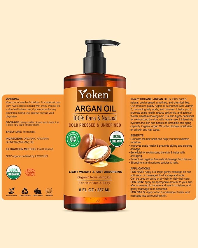 Argan Oil for Hair, Pure and Natural Morocco Argan Oil, Argon Oil For Hair, Scalp, Face & Skin Care, 100% Cold Pressed Hair Conditioner, Unrefined Argon Nails Carrier Oil (8 Fl Oz)