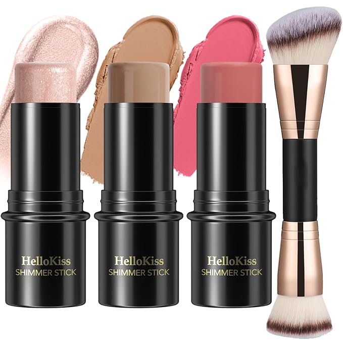3 Pcs Cream Contour Stick Makeup Kit, Shades with Highlighter, Blush and Bronzer Contour Stick for Sculpt the Cheeks, Waterproof, Matte & Dewy Finish (Fair-Light,#03+#09+#12)