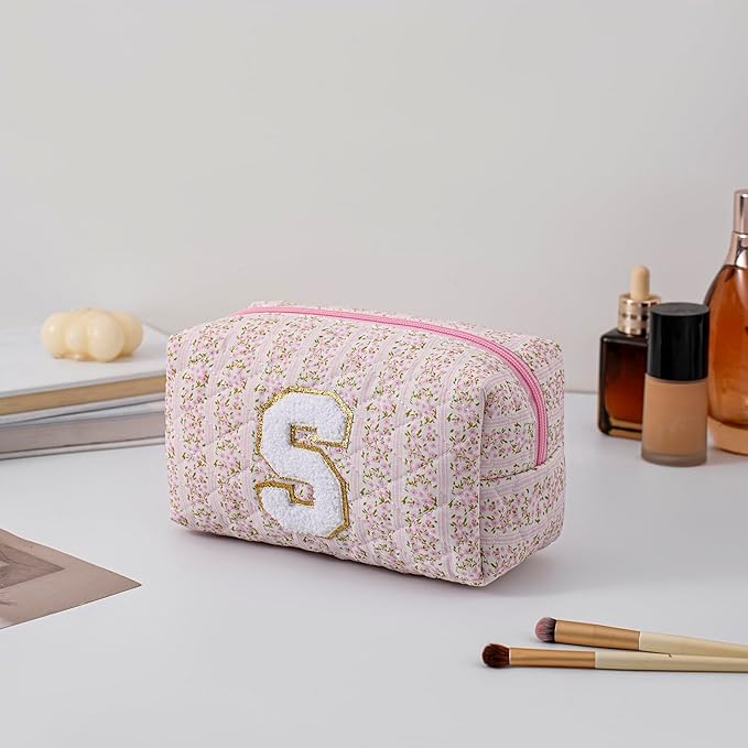 JOVAKIT Makeup Bag Cosmetic Bags for Women, Christmas Gifts for Girls Age 6-18, Alphabet Pink Floral Coquette Zipper Travel Makeup Pouch, Organizer Case Trendy Stuff (Pink Floral S)