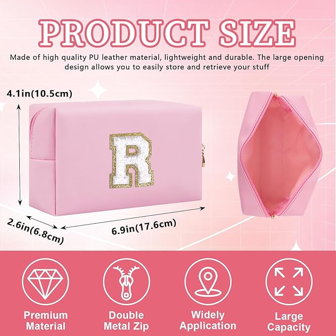 Personalized Initial Letter Patch Makeup Bag, Preppy Portable Chenille Letter Cosmetic Bag with Zipper, PU Leather Waterproof Travel Toiletry Bag Monogram Make Up Pouch for Women Girls(Letter R)