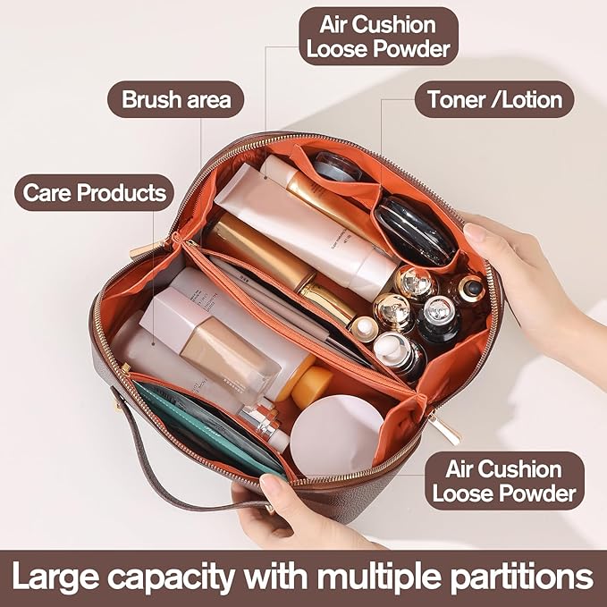 Makeup Bag, Travel Toiletry Bag for Women, Large Capacity Waterproof PU Leather Cosmetic Bags Make Up Organizer Bags with Headband and Wristband Set (Black, Lychee Pattern)