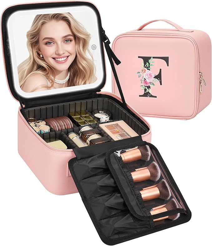 Relavel Initial Makeup Bag with LED Mirror for Women Girls, Personalized Travel Cosmetic Organizer Train Case, Birthday Gifts for Grandkids Bridesmaid Graduation Teacher Friends, Trendy Stuff, Pink F