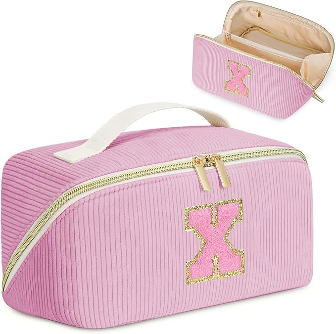Personalized Initial Makeup Bag,Christmas Gifts for Girl,Preppy Bag Cosmetic Travel Bag Women,Travel Toiletry Organizer,Large Capacity Corduroy Stuff Bag,Cute Cosmetic Pouch Skincare Bag-X