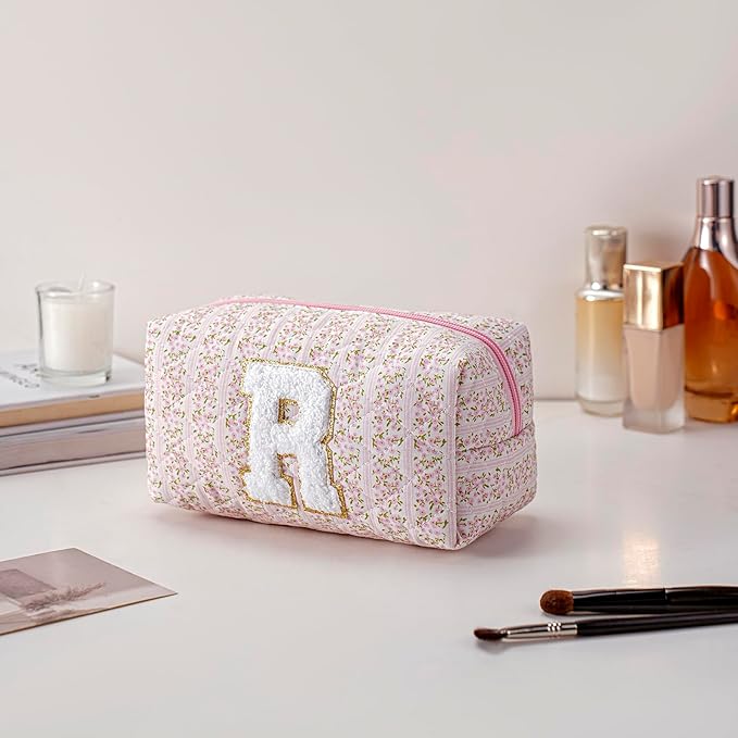 JOVAKIT Makeup Bag Cosmetic Bags for Women, Christmas Gifts for Girls Age 6-18, Alphabet Pink Floral Coquette Zipper Travel Makeup Pouch, Organizer Case Trendy Stuff (Pink Floral R)