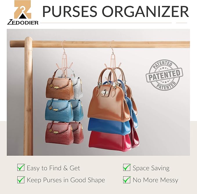 ZEDODIER Purse Hanger Organizer for Closet, 2 Pack Hanging Bag Holder, Keeping Purses Visible and in Good Condition, Metal Handbag Storage Hook Backpack Rack Space Saving Hanger, Rose Gold