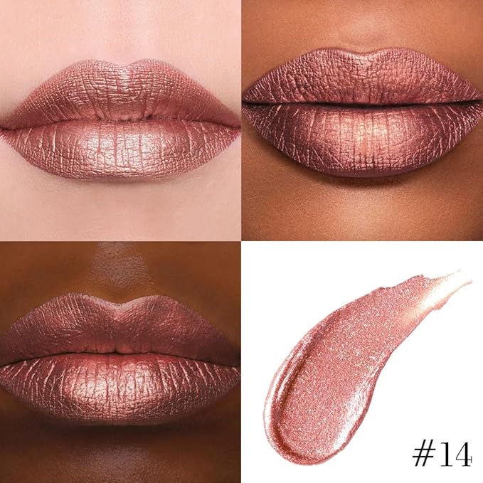 evpct Bronze Gold Metallic Glitter Lip Liner and Lipstick Combo Lip Gloss Stain Set Makeup for Women Long Lasting Waterproof 24, Rose Gold Metallic Shimmer Frosted Iridescent Glossy Liquid Lipstick 14