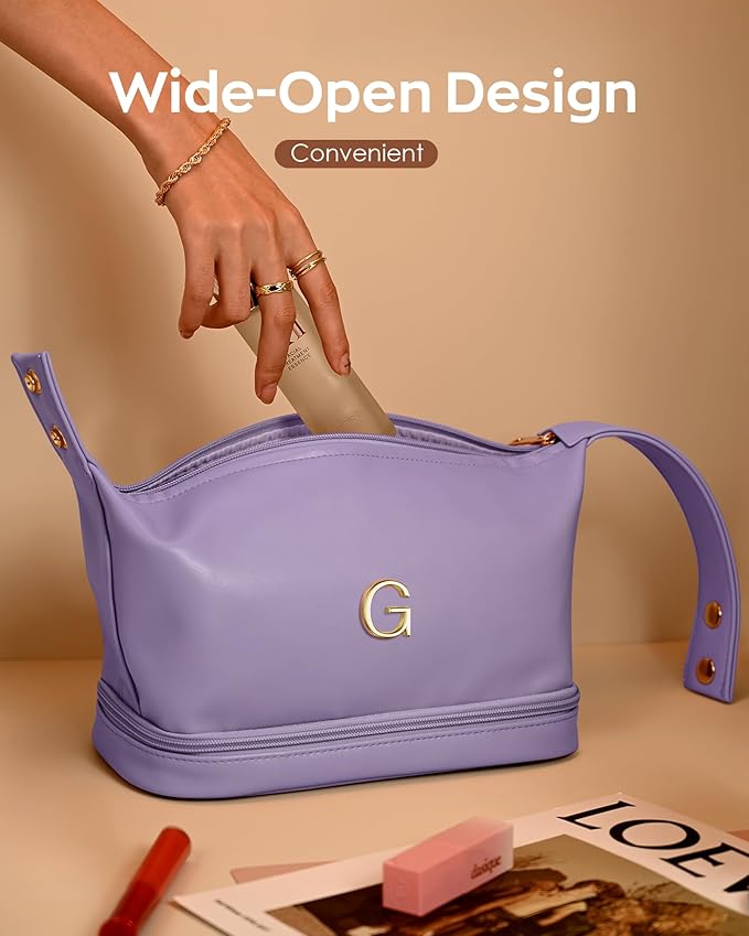Makeup Bag with Handle, Waterproof Double Layer Cosmetic Bag, Large Capacity PU Leather Makeup Bags Letter Travel Toiletry Bag with Makeup Brush Organizer