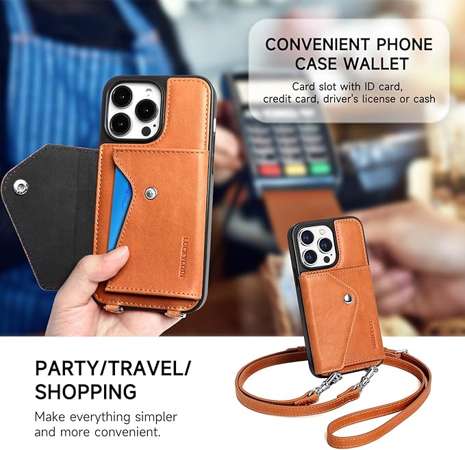 LUCKYCOIN Crossbody Wallet Phone Case for iPhone 14 Pro,100% Genuine Leather Wallet Phone Case with Expandable Flip Card Holder,Phone Purse for Women with Adjustable Removable Strap - Brown