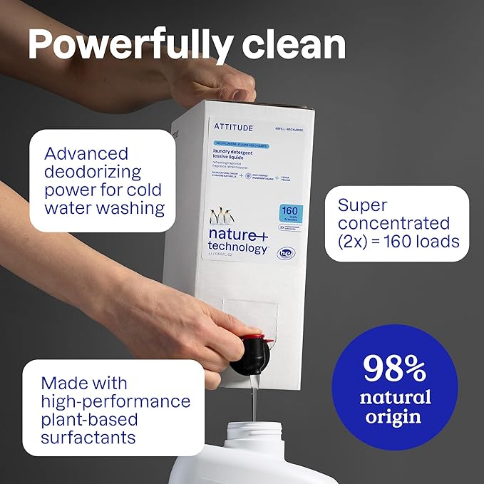 ATTITUDE Liquid Laundry Detergent Refill, EWG Verified, HE Compatible, Plant-Based & Vegan, Natural Laundry Soap, Citrus Zest Scent, 160 Loads, 135.26 Fl Oz