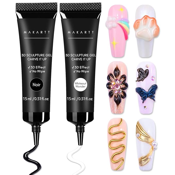 Makartt 3D Gel Nail Art: White and Black Sculpting Candy Molding Gel No Wipe Craving Embossed Gel Polish Set for Decoration Manicure Charm Designs (Whiteout Wonder & Noir)