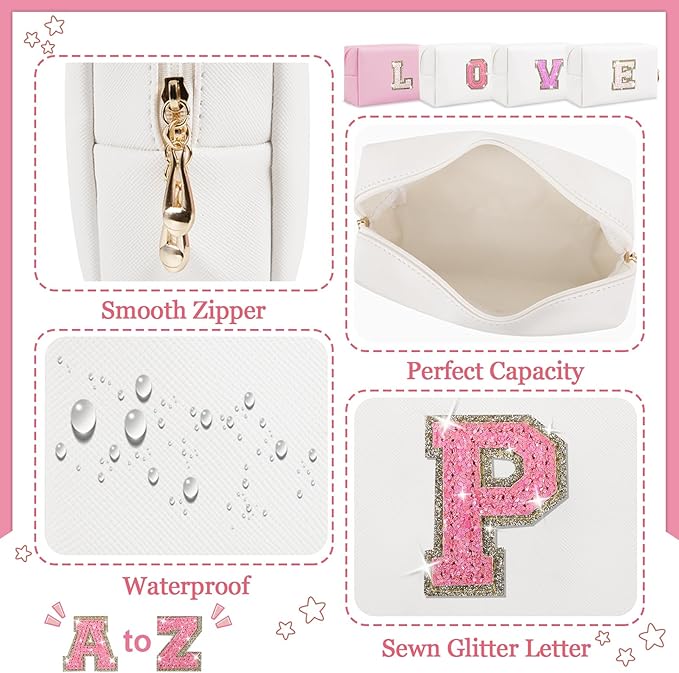 Personalized Initial Letter Makeup Bag, Small Preppy Glitter Letter Cosmetic Pouch PU Waterproof Zipper Travel Toiletry Bag, Unique Letter Patch Makeup Organizer Gift for Women Teen Girls(Letter P)
