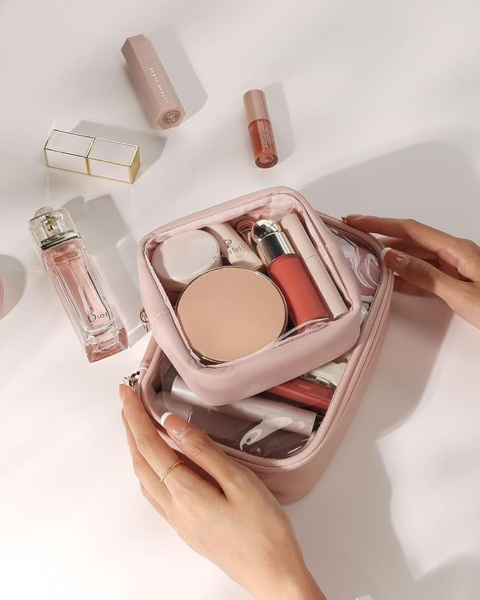 Pocmimut Mini Makeup Bag with Small Cosmetic Bag Travel Essentials Organizers,TSA Approved Toiletry Bag Makeup Pouch Clear Cosmetic Bags for Women,Pink