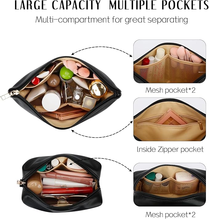 Women Gifts | Initial Makeup Bag Set for Girl Personalized Gifts for Bridesmaid Friend Graduation Teachers PU Leather Cosmetic Travel Toiletry Bag(Black,C)