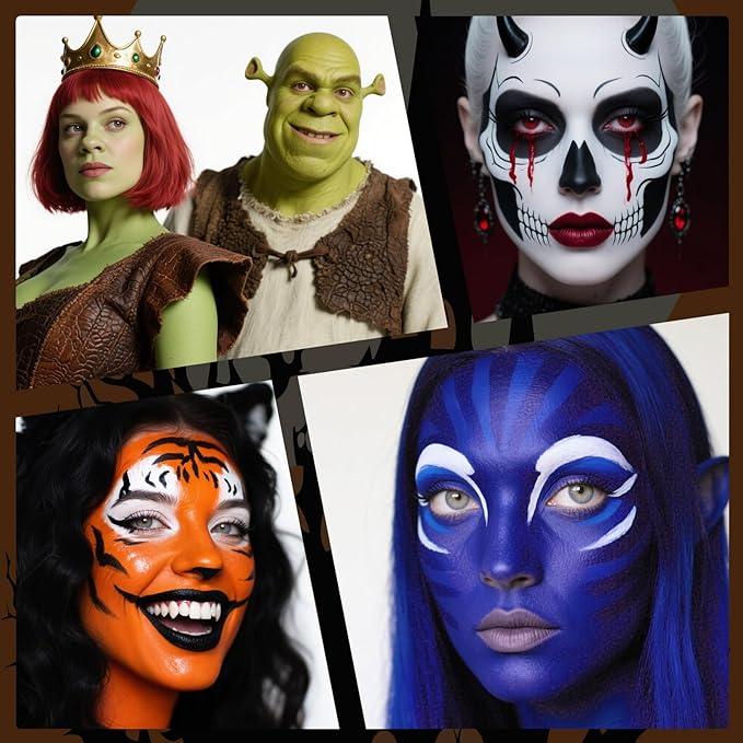 Black White Light Green Face Body Paint Stick Set with Translucent Setting Powder and Sponges, Professional Full Coverage Face Painting for Adult Halloween Cosplay SFX Witch Hulk Monster Makeup