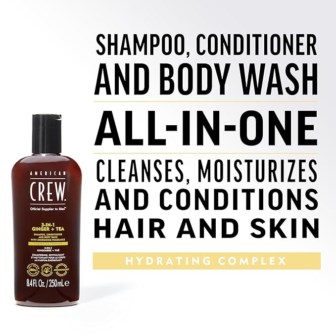 AMERICAN CREW 3-in-1 Ginger & Tea, Shampoo, Conditioner & Body Wash for Men, Hair Care Gift for Him, Revitalizing and Refreshing Fragrance, 15.2 fl oz