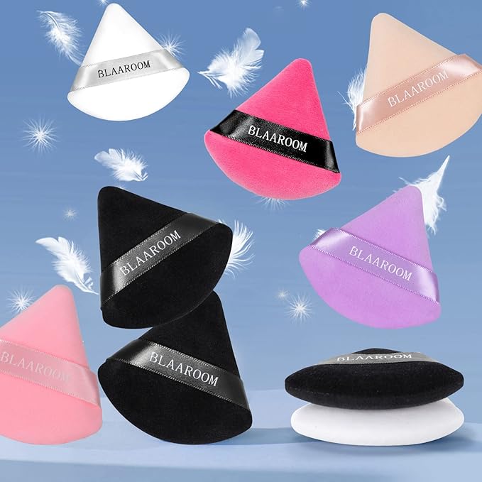 BLAAROOM 12 Pieces Velour Pure Cotton Powder Puff Face Makeup Triangle Powder Puffs for Loose Powder Wet Dry Cosmetic Foundation Beauty Sponge Makeup Tools -Black & Pink