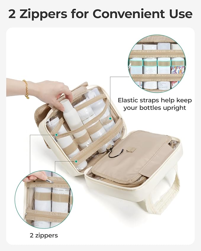 BAGSMART Travel Toiletry Bag for Women, Hanging Travel Bag for Toiletries, Puffy Makeup Cosmetic Bag Organizer, Carry-on Travel Accessories Essentials, Beige