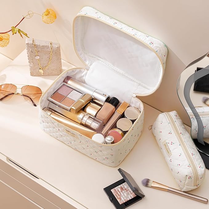 HBselect Quilted Makeup Bag, 3PCS Cotton Large Travel Makeup Bag, Cute Floral Coquette Make up Bag Cosmetic Bag Toiletry Bag for Women Girls