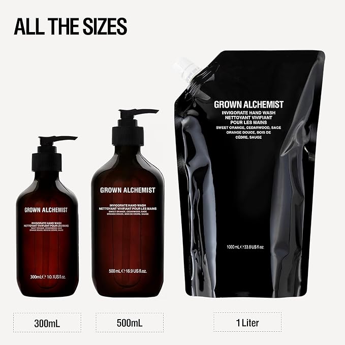 Grown Alchemist Invigorate Hand Wash + Refill Set – Liquid Hand Soap with Aloe, Sweet Orange, Cedarwood & Sage – Gentle, Moisturizing Kitchen & Bathroom Soap, Natural Plant Based Gel Cleanser