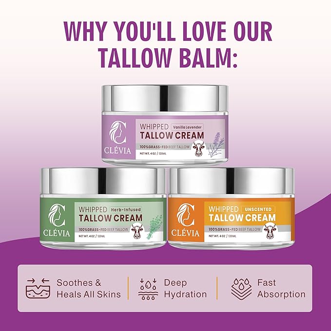 Beef Tallow Moisturizer with Organic Jojoba Oil 4 oz - Whipped Tallow Anti-Wrinkle Cream - Grass Fed Tallow Cream for Face & Body - Hydrating Moisturizer for Dry & Sensitive Skin | Vanilla Lavender