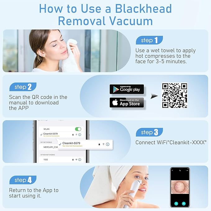 Facial Pore Blackhead Remover Vacuum, 1080P Camera Blackhead Remover, 20x Zoom, 8 LEDs ＆ 3 Suction Modes, 800mAh Battery & USB - 6 Heads Pore Cleaner Kit for Women&Men(Black)