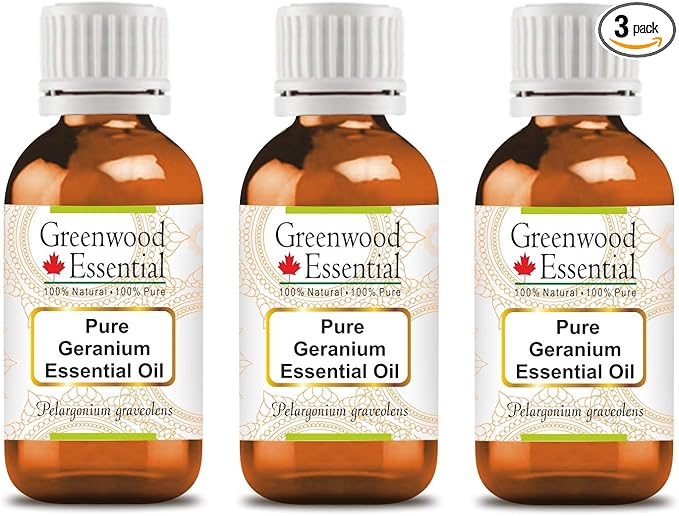 Greenwood Essential Pure Geranium Essential Oil (Pelargonium graveolens) Steam Distilled (Pack of Three) 100ml X 3 (10.1oz)