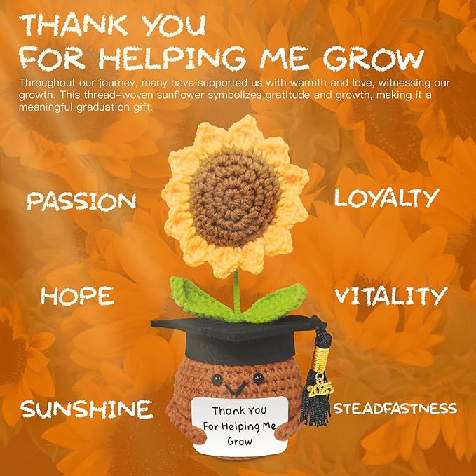 Teacher Appreciation Gifts, Handmade Crochet Sunflower Teacher Gifts, Thank You for Helping Me Grow, Daycare Teacher Appreciation Gifts for Women Men, End of Year Graduation Teacher Gifts (3)