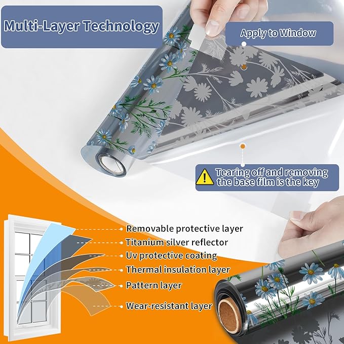 One Way Privacy Film, Window Tint for Home,Daytime Reflective, Anti UV Static Cling Sliding Door Coverings No Glue Garage Solar Paper (Silver -Daisy, 35.4 x 157.4 in)
