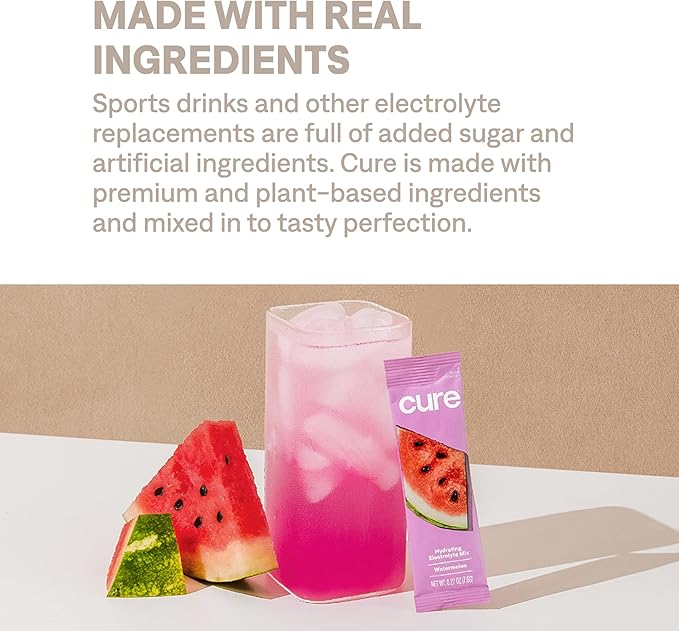 Cure Hydration | Plant-Based Electrolyte Drink Mix | No Added Sugar | FSA-HSA | Dehydration Relief Powder Made with Coconut Water | Non-GMO | Vegan | 28 Servings Jar - Watermelon