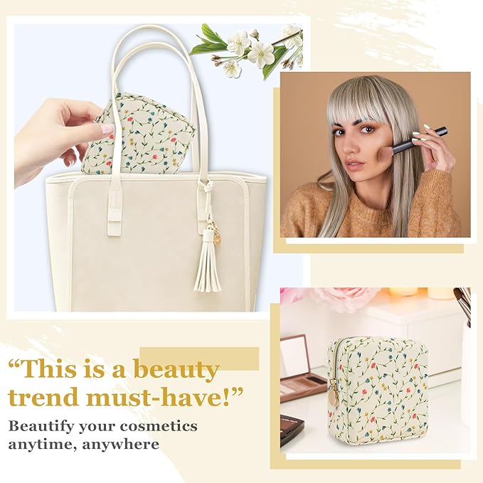 Nylon Mini Floral Makeup Bag for Purse, Small Cute Makeup Bag Preppy Cosmetic Zipper Pouch, Waterproof Travel Set Coin Pouch Sanitary Napkin Storage Bag Makeup Organizer for Women(Light Yellow-Flower)