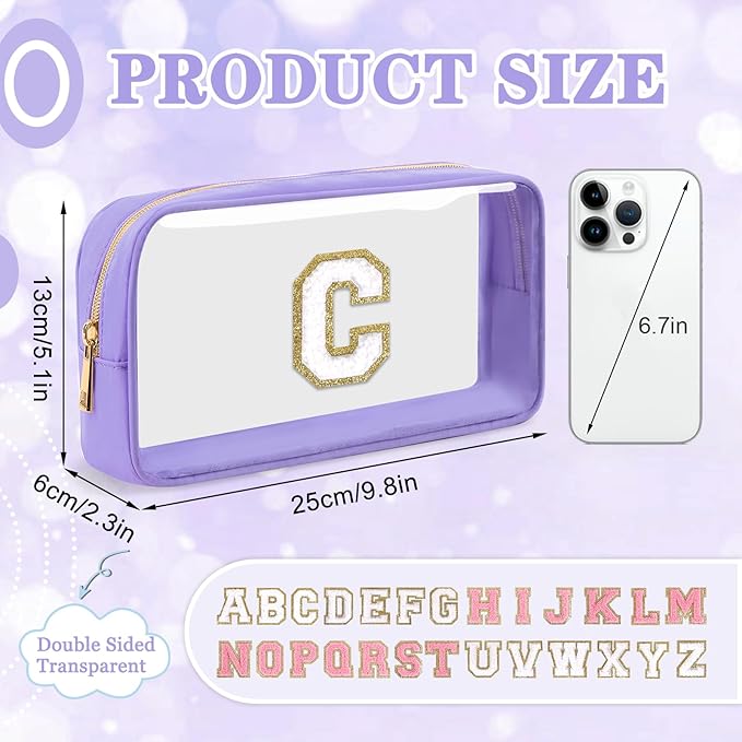 Small Clear Personalized Initial Makeup Bag,Nylon Preppy A-Z Chenille Letter Patch Cosmetic Pouch Beach Toiletry Bag,Waterproof Zip Travel Purse Storage Bag Organizer for Women Girls(Purple-White C)