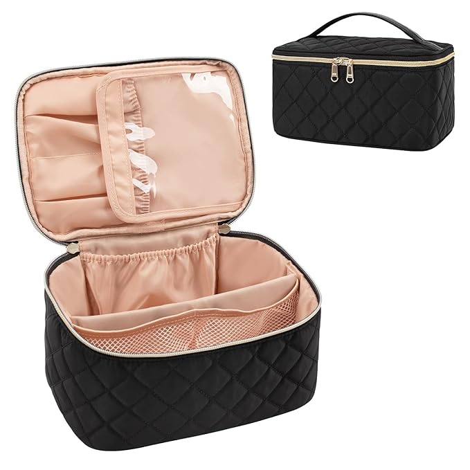OCHEAL Portable Cosmetic Bag For Women, Large Capacity Travel Makeup Case Organizer, Rhombus Black, Toiletry Bag for Girls Traveling With Handle and Divider