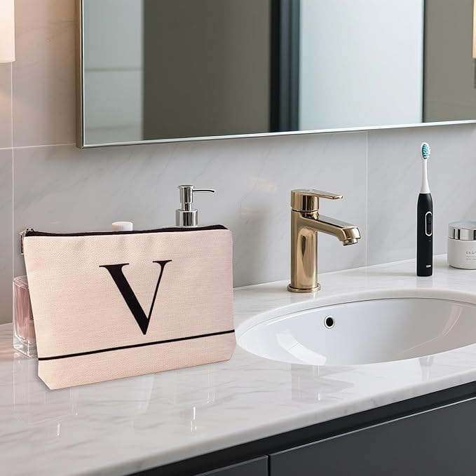 Letter A-Z Initial Personalized Makeup Bags, Birthday Gifts for Women, Monogrammed Gifts for Women Mom Sister Best Friend Bride Bridesmaid, Mothers Day, Christmas, Small Travel Cosmetic Bag (V)