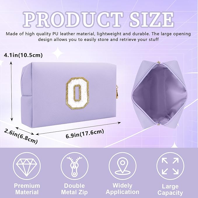 Personalized Initial Letter Patch Makeup Bag, Preppy Small Chenille Letter Cosmetic Bag with Zipper, PU Leather Waterproof Travel Toiletry Bag Monogram Make Up Pouch for Women Girls(Letter O)