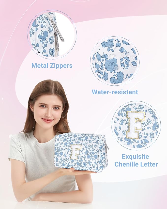 Narwey Birthday Gifts for Teen Girls Kids Women Personalized Initial Floral Makeup Bag Cute Cosmetic Trendy Stuff 6 8 10 11 12 13 14 16 18 Years Old Travel Toiletry Bag (Little Blue Flower F)