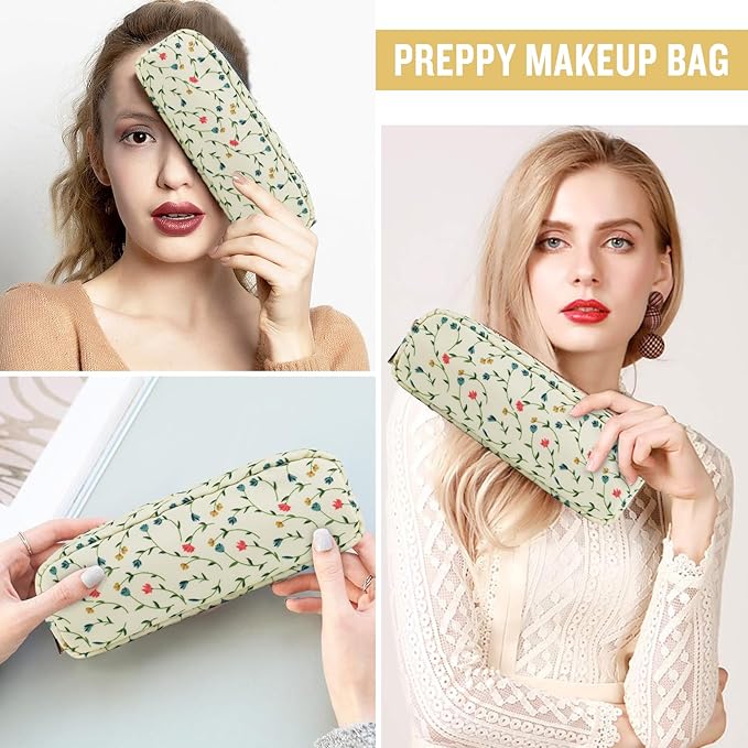 Nylon Small Floral Makeup Bag Slim Pouch, Preppy Cute Makeup Brush Case Bag Flower Cosmetic Zipper Pouch for Purse, Waterproof Travel Toiletry Bag Make Up Organizer for Women Girl(Light Yellow-Flower)