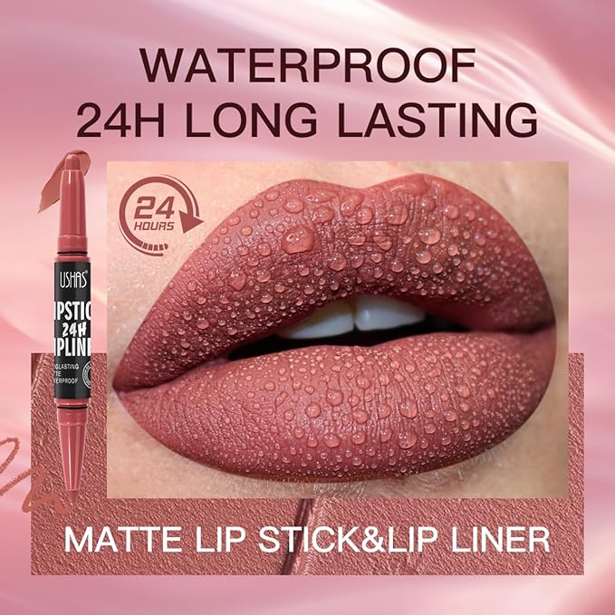 USHAS 3Pcs Lipstick and Lip Liner Combo Set 2 in 1 Makeup Kits Long Lasting and Waterproof Nude Matte Lipstick For Women (Set 2 (04+05+06), 3Pcs)