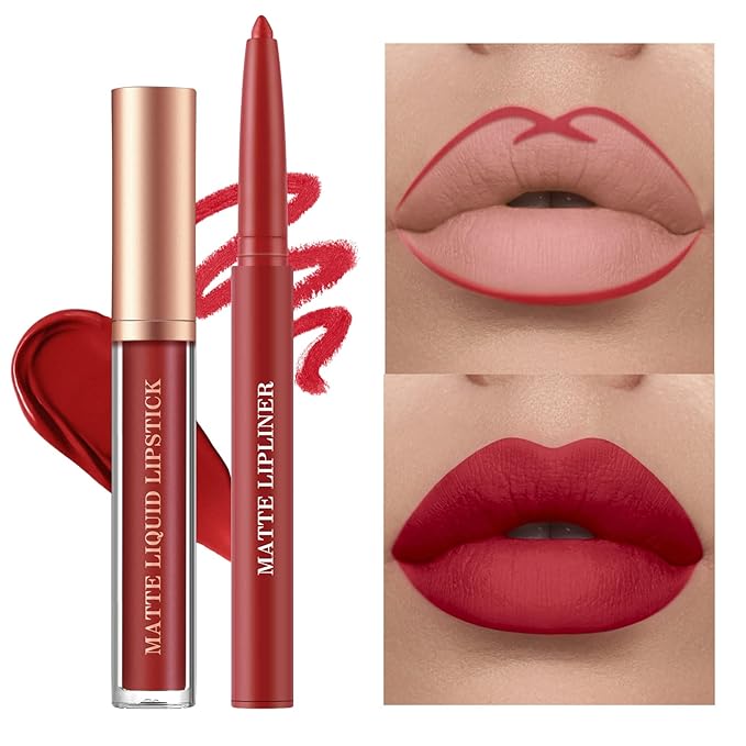 BestLand 6Pcs Matte Liquid Lipstick + Lip Liner Pens Set, One Step Lips Makeup Kits Pigment Velvety Nude Lip Stain Waterproof Long Wear Lip Gloss Make up Gift Set (Classic Allure Set)