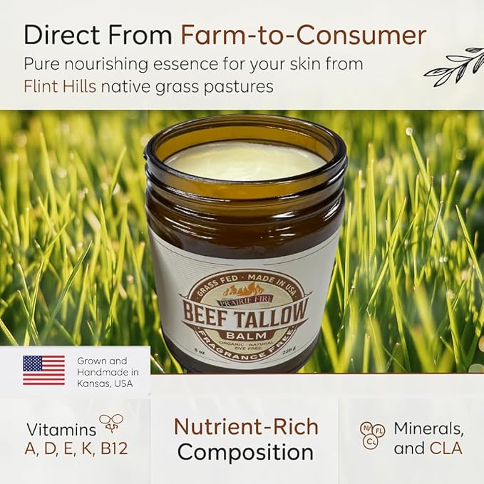 Beef Tallow Balm - 4 oz - Organic Grass Fed and Finished Tallow - Moisturizing Skin Care Tea Tree