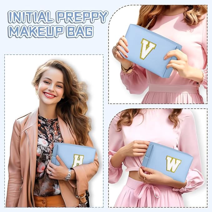 TOPEAST Initial Makeup Bags for Women, Cute Makeup Pouch, Waterproof Travel Toiletry Bag, Personalized Gifts for Girlfriend Wife on Valentine's Day Anniversary, Preppy Stuff Gift for Girl (Sky Blue W)