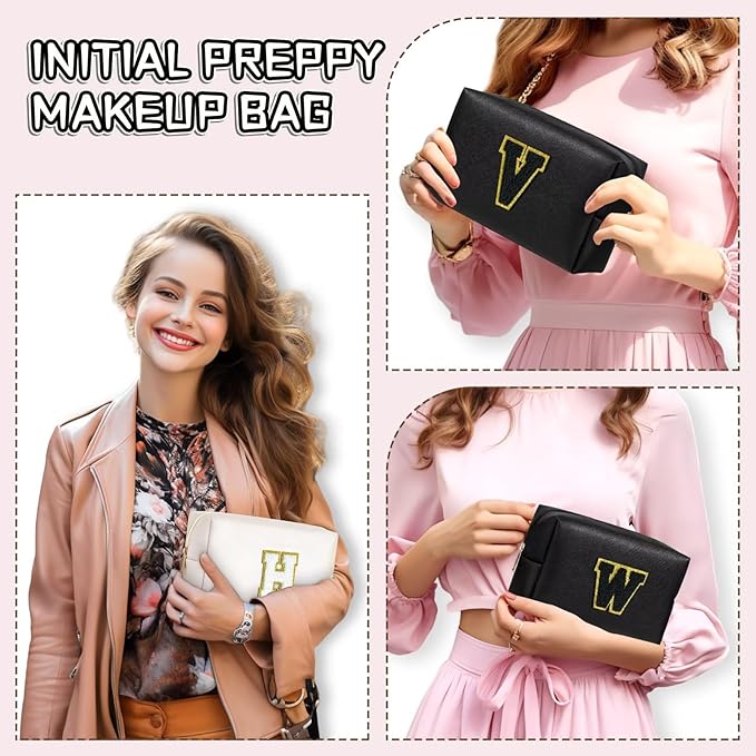 TOPEAST Preppy Makeup Bag, Small Cosmetic Travel Bags for Women, PU Leather Waterproof Toiletry Bag with Zipper, Personalized Birthday Gift for Women Girl, Preppy Gifts for Girl (Black Z)